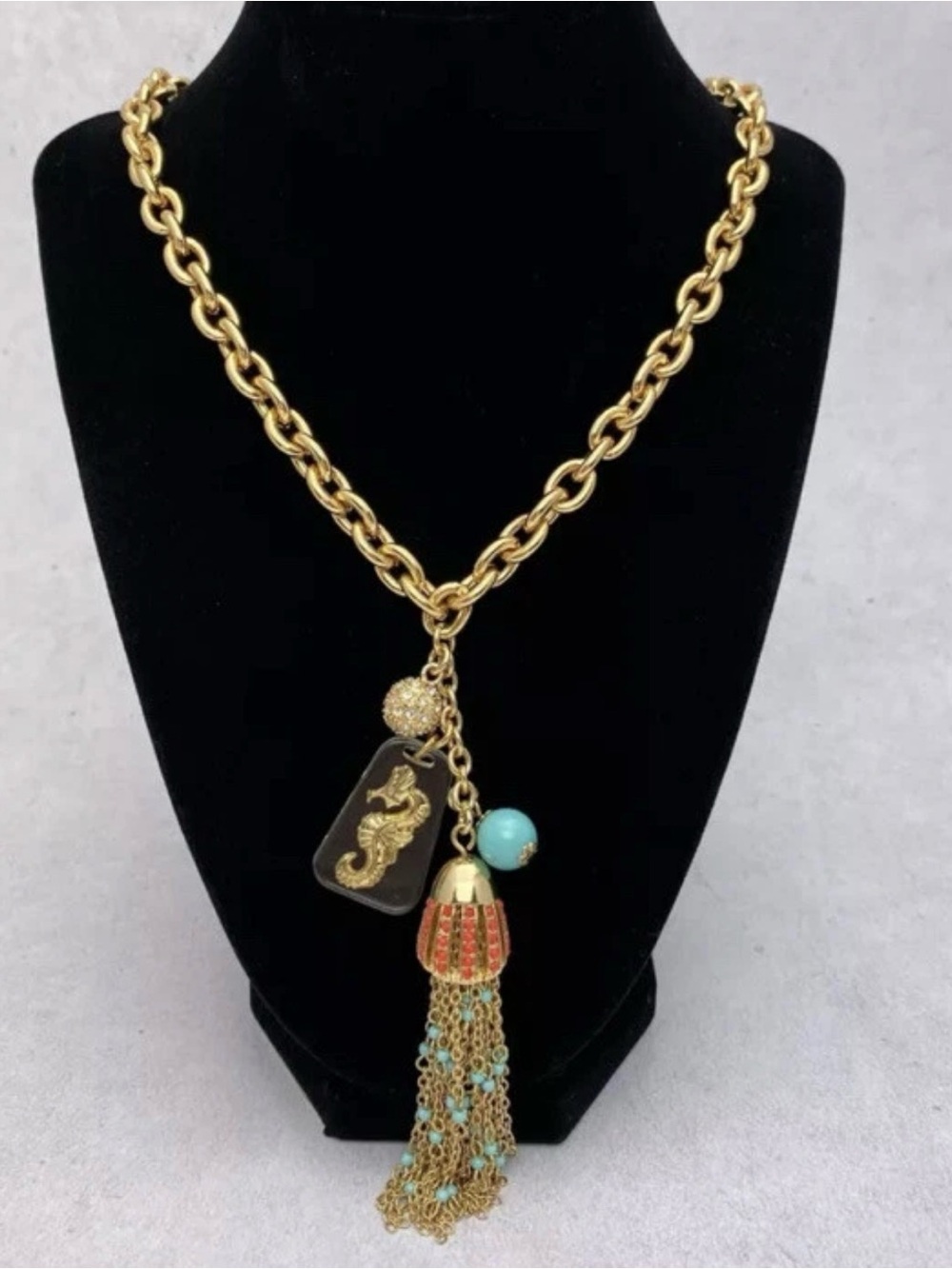 S Lilly Pulitzer Gold Chain Necklace with Turquoise Bead and Tassel Gift box